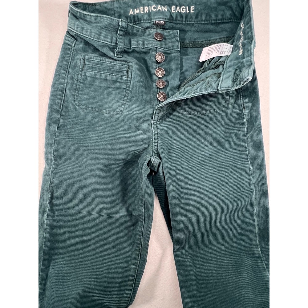American Eagle Super Hi-Rise Flare Corduroy Pants Teal Green Size 00 Button Fly - Picture 6 of 9